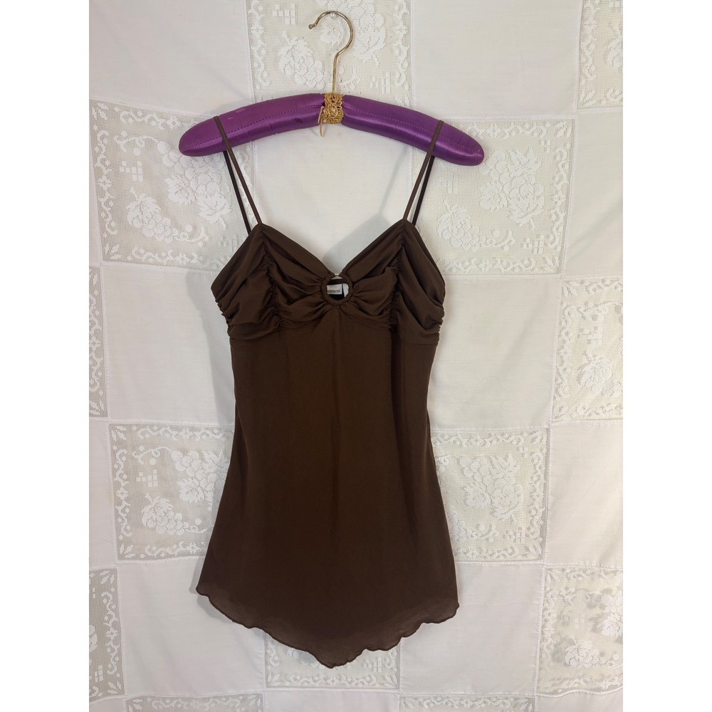 Y2K Brown Slinky Ruched Bust Handkerchief Hem Micro Dress Size M